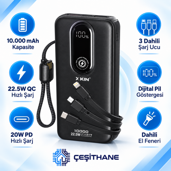 XKIN 10.000 mAh 22.5W Hızlı Şarjlı Dahili Kablolu Powerbank