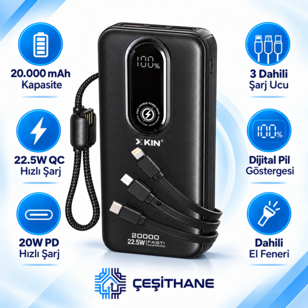 XKIN 20.000 mAh 22.5W Hızlı Şarjlı Dahili Kablolu Powerbank