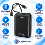 XKIN 20.000 mAh 22.5W PD Hızlı Şarjlı Lightning ve Type-C Kablolu Powerbank