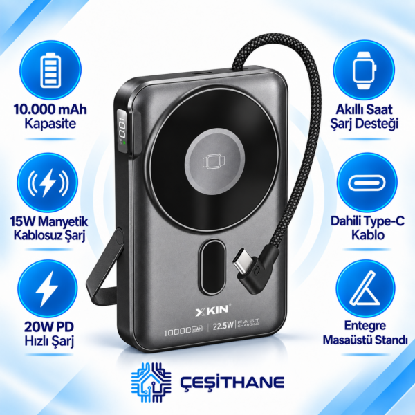 XKIN 10.000 mAh 15W Manyetik Kablosuz Şarjlı ve Standlı Powerbank