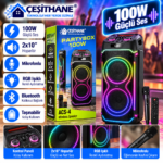 Çeşithane ACS-4 Partybox 100W Bluetooth Hoparlör – 2x10 İnç, RGB Işıklı, Mikrofonlu, Uzaktan Kumandalı Taşınabilir Ses Sistemi