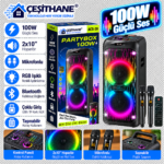 Çeşithane ACS-28 Partybox 100W Bluetooth Hoparlör – 2x10 İnç, RGB Işıklı, Çift Kablosuz Mikrofonlu Karaoke Ses Sistemi