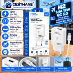 Çeşithane H2 18W QC 3.0 USB-A Hızlı Şarj Adaptörü – 1 Metre USB-C Kablolu, Seyahat Tipi Şarj Cihazı