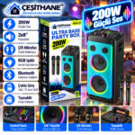 Çeşithane ACS-27 Ultra Bass Partybox 200W Bluetooth Hoparlör – 2x8 İnç, RGB Işıklı, Çift Kablosuz Mikrofonlu Karaoke Ses Sistemi