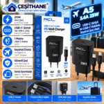 Çeşithane A5 25W PD USB-C Hızlı Şarj Adaptörü – 1 Metre Type-C Kablolu, Siyah Şarj Başlığı