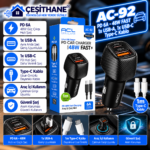 Çeşithane AC-92 48W PD Hızlı Araç İçi Şarj Cihazı – USB-A ve USB-C Çıkışlı, 1 Metre Type-C Kablo Dahil