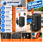 Çeşithane PW-171 50.000mAh Powerbank – 22.5W PD Hızlı Şarj, Dahili USB-C ve Lightning Kablolu, Dijital Ekranlı Taşınabilir Şarj Cihazı