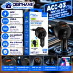 Çeşithane ACC-03 60W 3'ü 1 Arada Araç İçi Hızlı Şarj Cihazı – Geri Çekilebilir Type-C Kablolu, USB-A ve USB-C Çıkışlı