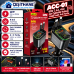 Çeşithane ACC-01 66W 4'ü 1 Arada Araç İçi Hızlı Şarj Cihazı – Geri Çekilebilir Type-C ve Lightning Kablolu, USB-A ve USB-C Portlu, Yıldız Işıklı
