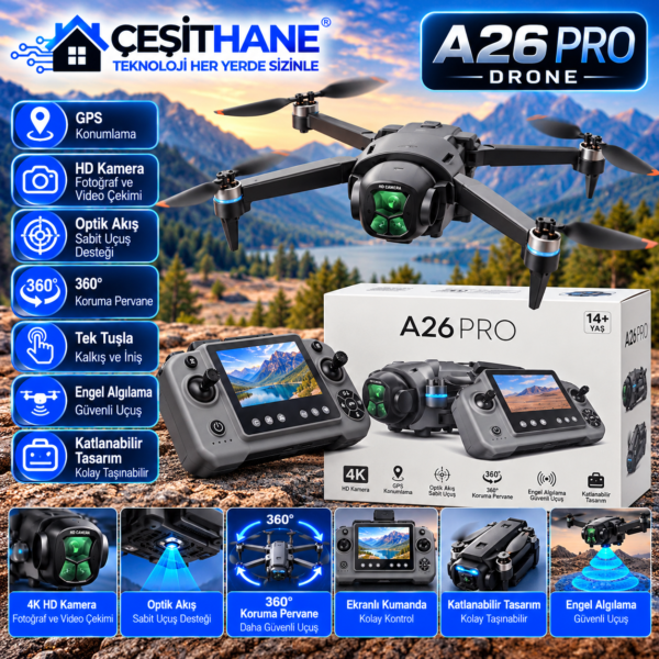 ÇEŞİTHANE A26 Pro GPS Drone – HD Kamera, Ekranlı Kumanda, Engel Algılama ve Katlanabilir Tasarım