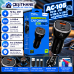 Çeşithane AC-105 51W PD Hızlı Araç İçi Şarj Cihazı – USB-A, USB-C ve Lightning Çıkışlı, 3 Portlu