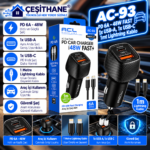 Çeşithane AC-93 48W PD Hızlı Araç İçi Şarj Cihazı – USB-A ve USB-C Çıkışlı, 1 Metre Lightning Kablo Dahil