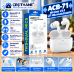 Çeşithane ACB-71 Bluetooth 5.4 TWS Kablosuz Kulak İçi Kulaklık – Çift Mikrofon, Dokunmatik Kontrol, Beyaz