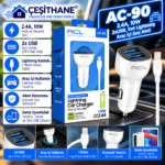 Çeşithane AC-90 2 USB Girişli Araç İçi Şarj Cihazı – 2.4A, 10W, 1 Metre Lightning Kablo Dahil