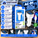 Çeşithane AC-91 2 USB Girişli Araç İçi Şarj Cihazı – 2.4A, 10W, 1 Metre Type-C Kablo Dahil