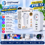 Çeşithane Fulltech FTR-17 Akım Korumalı Duvar Prizi – 1 Soket, 2 USB-A, 1 Type-C, 3680W, 16A