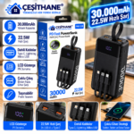 Çeşithane PW-118 30.000mAh Powerbank – 22.5W Hızlı Şarj, Dahili Kablolu, LCD Göstergeli Taşınabilir Şarj Cihazı