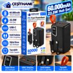 Çeşithane PW-172 60.000mAh Powerbank – 22.5W PD Hızlı Şarj, Dahili USB-C ve Lightning Kablolu, Dijital Ekranlı Taşınabilir Şarj Cihazı