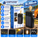 Çeşithane PW-90 30.000mAh Solar Powerbank – LCD Ekranlı, 4 USB Çıkışlı, Dahili Kablolu Taşınabilir Şarj Cihazı
