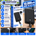 Çeşithane PW-150 10.000mAh Powerbank – 20W PD 3A Hızlı Şarj, Dahili Type-C Kablo, Kompakt Taşınabilir Şarj Cihazı