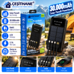 Çeşithane PW-61 30.000mAh Solar Powerbank – 2.1A Şarj, Dahili Kablolu, LCD Göstergeli Taşınabilir Şarj Cihazı