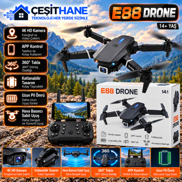 ÇEŞİTHANE E88 HD Kameralı Drone – Katlanabilir Tasarım, 360° Takla, Telefon Bağlantısı ve Uzaktan Kumanda