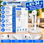 Çeşithane K1-34 Lightning Girişli Kablolu Kulak İçi Kulaklık – Mikrofonlu, Kumandalı, Beyaz