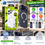 Çeşithane FTPC5 iPhone 15, 16 ve 17 Serisi Uyumlu MagSafe Destekli Şeffaf Telefon Kılıfı – Darbe Emici Kenarlı, Kamera Korumalı