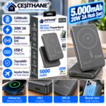 Çeşithane PW-160 5.000mAh Manyetik Kablosuz Powerbank – 20W PD 3A Hızlı Şarj, USB-C Giriş/Çıkış, Kompakt Taşınabilir Şarj Cihazı