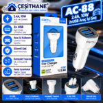 Çeşithane AC-88 2 USB Girişli Araç İçi Şarj Cihazı – 2.4A, 10W, Çift Portlu Çakmaklık Şarj Adaptörü