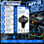 Çeşithane AFT-13 Bluetooth FM Transmitter – 3.1A, RGB Işıklı, Çift USB, Type-C ve TF Kart Destekli Araç İçi Müzik Aktarıcı