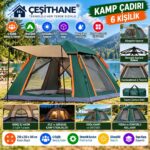 Çeşithane 6 Kişilik Otomatik Kurulumlu Kamp Çadırı – Güneşlikli, Havalandırmalı, 210x210x140 cm