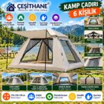 Çeşithane 6 Kişilik Otomatik Kurulumlu Kamp Çadırı – Güneşlikli, Havalandırmalı, 210x210x140 cm, Bej