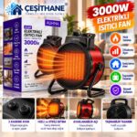 Çeşithane 3000W Elektrikli Fanlı Isıtıcı – 3 Kademeli, Ayarlanabilir Açılı, Taşınabilir