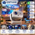 Çeşithane 4K UHD Android Akıllı LED Projeksiyon Cihazı – Kablosuz Ekran Yansıtma, WiFi Destekli, Taşınabilir Mini Projektör