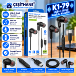 Çeşithane K1-79 USB-C Girişli Mikrofonlu Kablolu Kulak İçi Kulaklık – Kumandalı, 1.2 Metre, Siyah