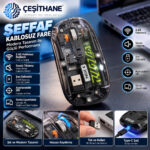 Çeşithane XKIN Şeffaf Kablosuz Mouse – 2.4G, Sessiz Tıklama, Şarj Edilebilir, Ayarlanabilir DPI