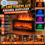 Çeşithane Flame Fireplace Aroma Diffuser – Alev Efektli, Beyaz Gürültülü, Renkli LED ve Zaman Ayarlı Aromaterapi Cihazı