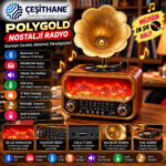 Çeşithane Polygold Nostaljik Gramofon Radyo – Bluetooth 5.0, FM/AM/SW, USB, TF Kart ve LED Şömine Efektli
